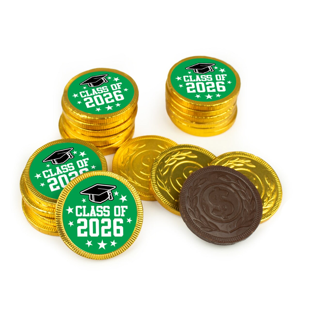 80 Pack Class of 2026 Graduation Stickered Gold Foiled Chocolate Coins - Candy Party Favors For Graduation Celebrations, Table Decoration & Gift Bags (Green)